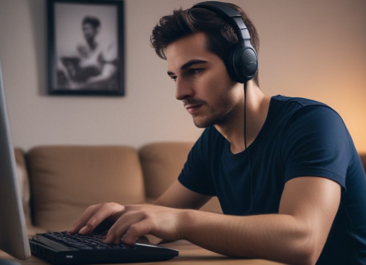 man playing games on computer